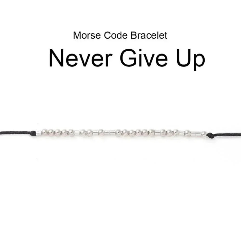 Inspirational Never Give Up Handcrafted Silver Black Unisex Morse Code Bracelet